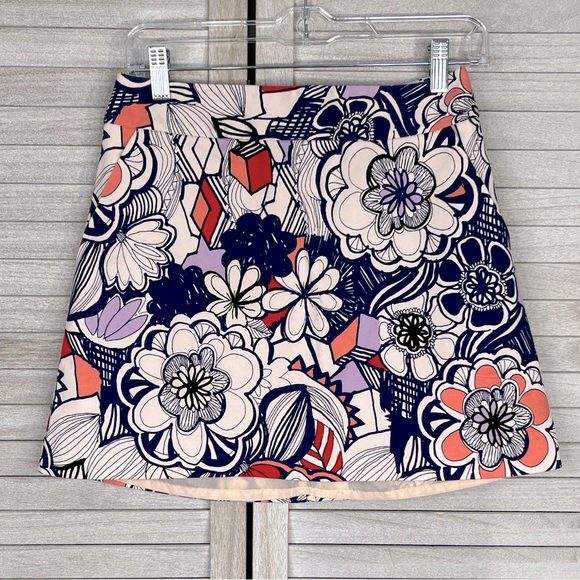 EXPRESS Retro A Line Mini Skirt Blue/Pink Floral-6 - Picture 1 of 2